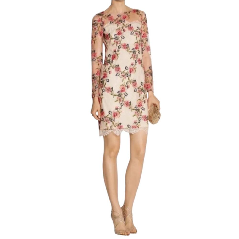 Marchesa Notte Floral Lace Embroidered Dress Cream Size 6 Cocktail Semi Sheer